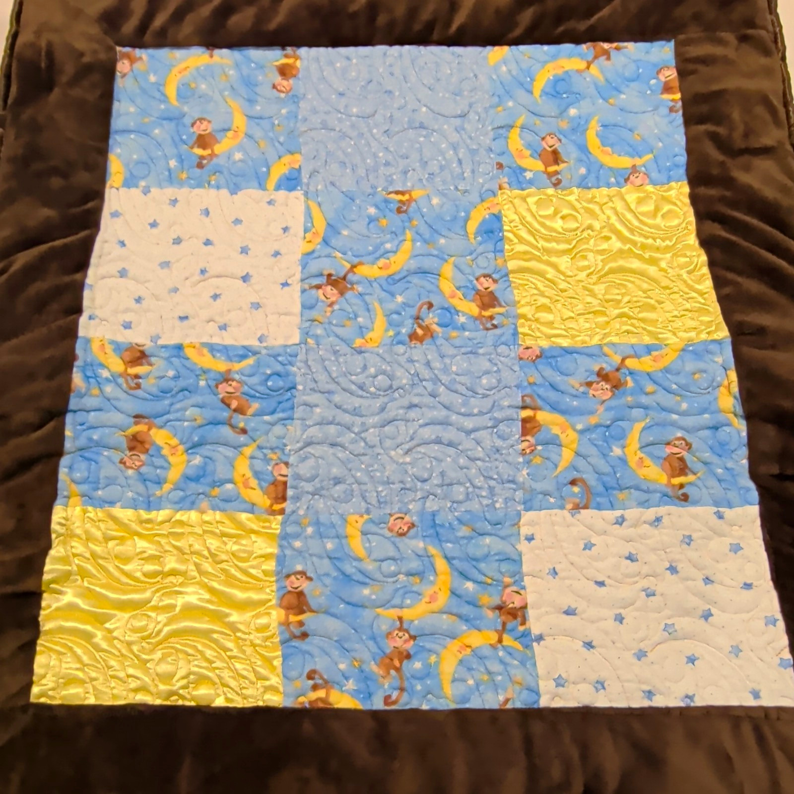 Handmade Baby Quilt/Blanket Blue Monkeys Moon Stars Brown Minky (29" X 32")