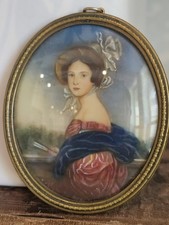Antique Victorian Pendant Signed Miniature Oil Portrait Cameo Style Convex Glass