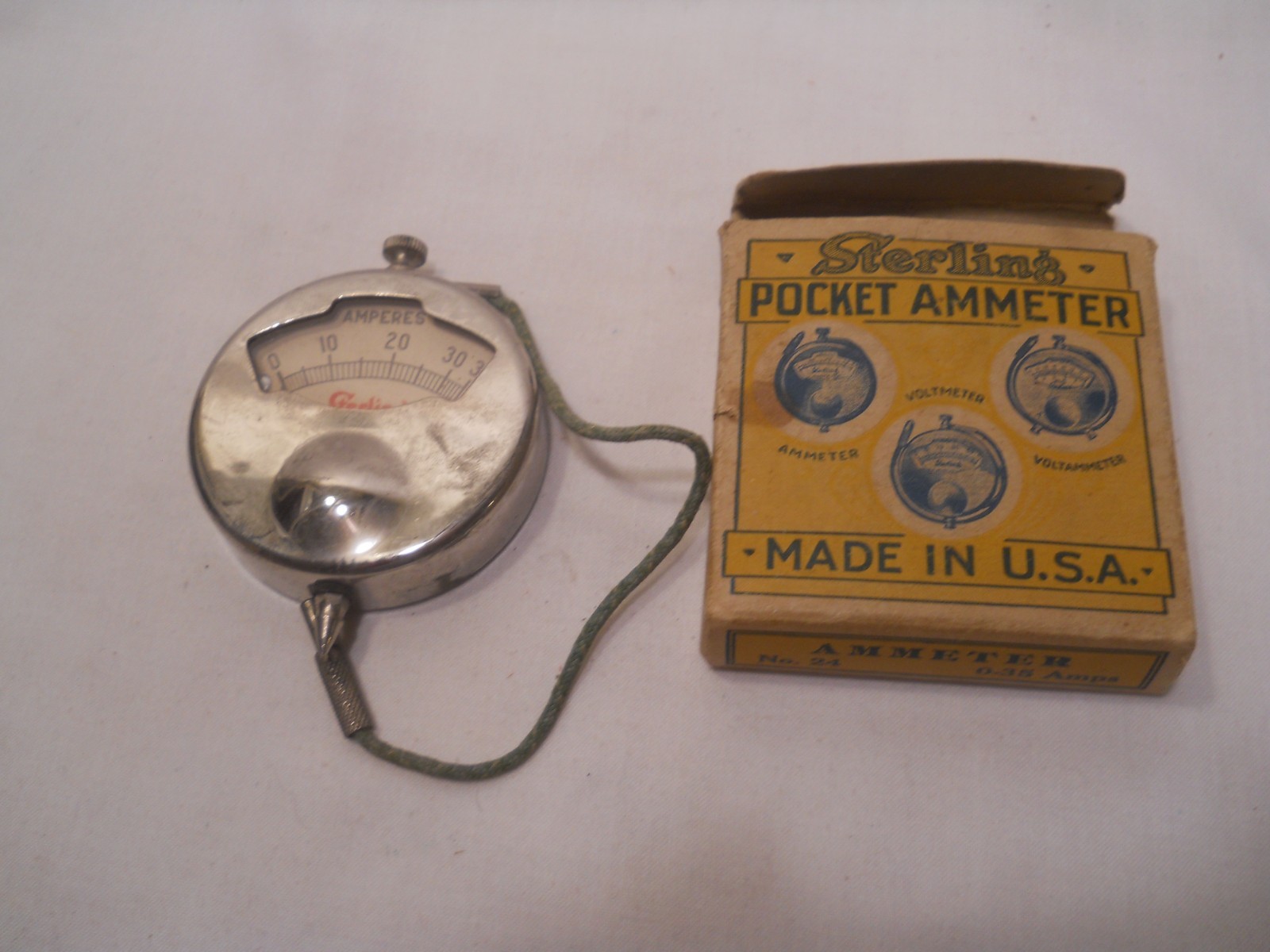Vintage Sterling Pocket Ammeter Voltmeter 0-35 Amperes With Original Box