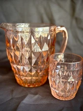 Vintage Pink Jeanette Windsor Glass Pitcher & Cup Pink Depression Glass Diamond