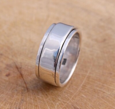  Einfacher 925 Sterling Spinn Sorgenband Finger Daumenring 9 mm breit Herren Damen