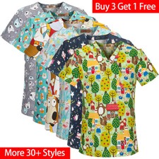 Unisex Scrub Tops 100 Cotton Printed Short Sleeve Medical Nurse V-Neck Shirt