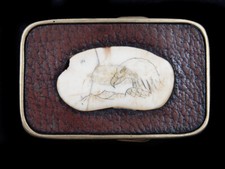 SK01158 VINTAGE 1970s BALD EAGLE LEATHER  WHITE STONE SOLID BRASS BELT BUCKLE