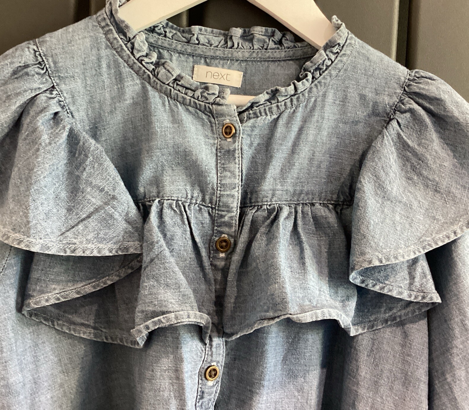 Next Girls Chambray Frilled Blouse Age 6 image 2