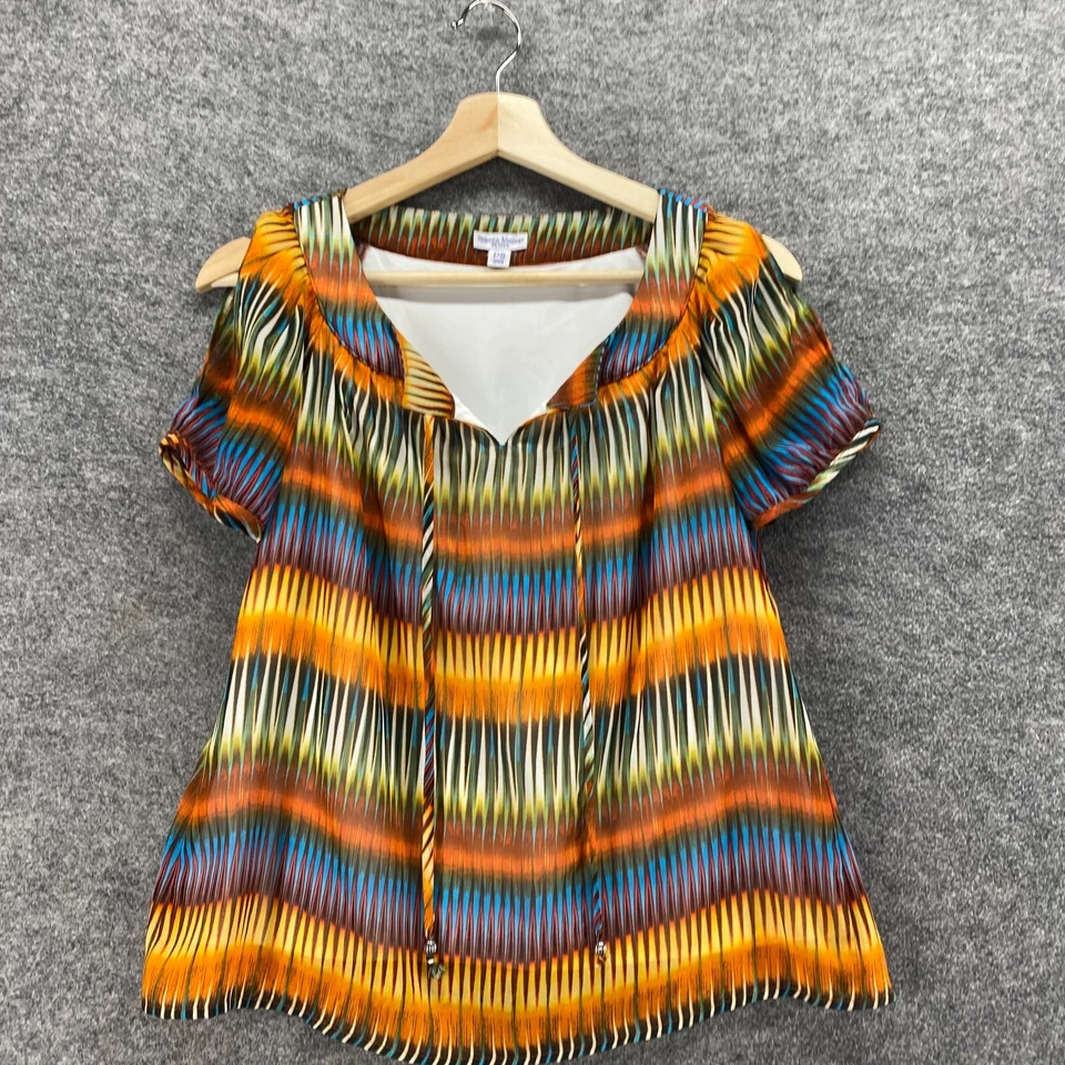 Rebecca Malone Blouse Women PS Petite Orange Striped Tasseled Cold Shoulder - Image 3 of 4