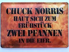 Blechschild 30 x 20cm Chuck Norris haut sich zum Frühstück 2 Pfannen in die Eier