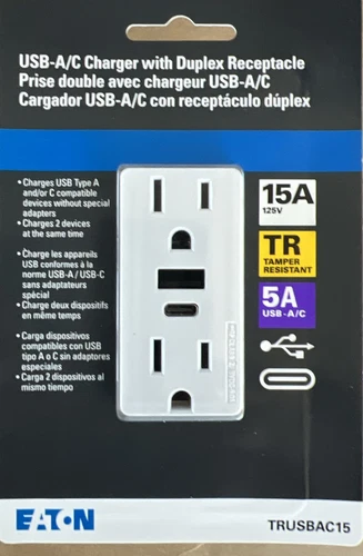 Eaton White USB-A|C Charger With Duplex Receptacle - #TRUSBAC15