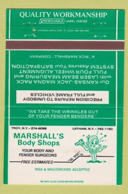 #ad Matchbook Cover Marshall#x27;s Body Shops Fender Latham NY Troy 40 Strike $4.00