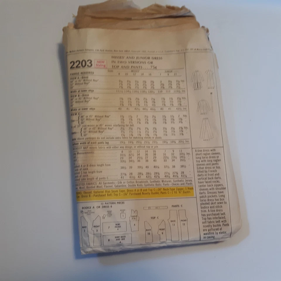 McCalls 2203 Jr Misses Dress Size 14 Bust 36 Pattern Cut - Image 2 of 2