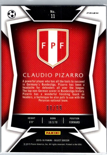 2015-16 Panini Select #11 Claudio Pizarro Purple Prizm #/99 10004040 - Picture 2 of 2