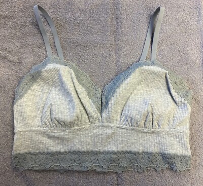 Aerie Ribbed Eyelash Lace Trim Longline Bralette -- HEATHER GRAY M