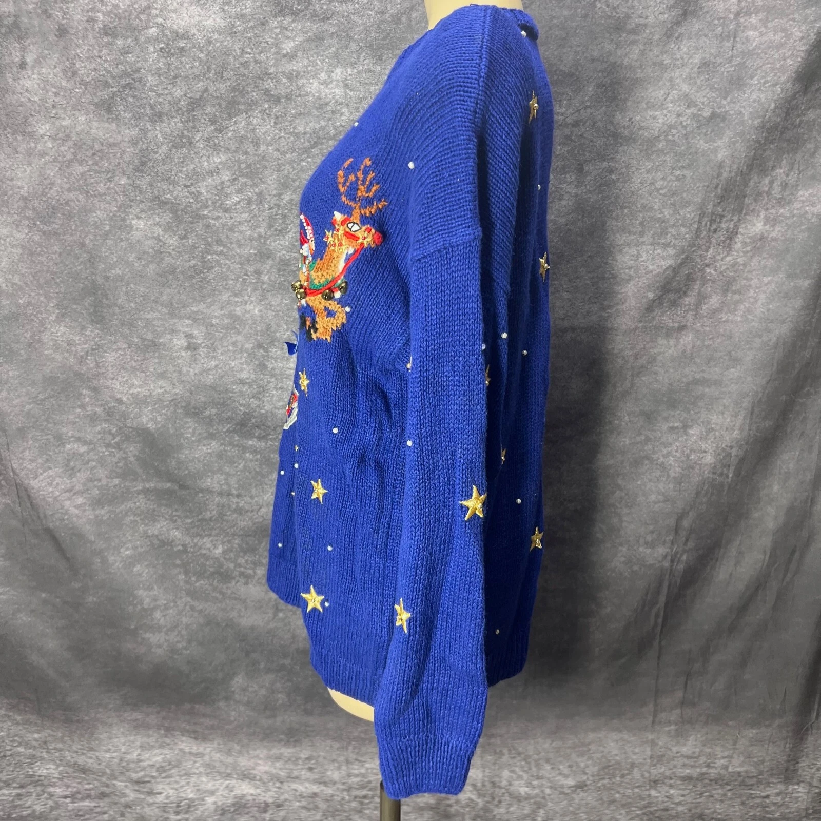 VTG Marisa Christina Ugly Christmas Sweater Womens L Blue Santa Sleigh Rudolph
