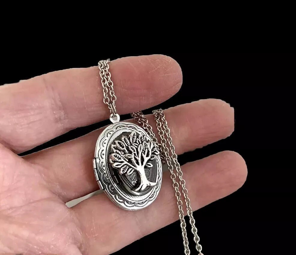 Tree Of Life Double Locket Necklace, Vintage Antique Silver Family Photo Pendant