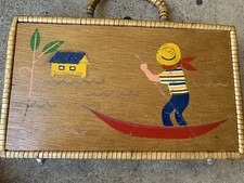 Vintage Hand Made In British Hong Kong Wicker / Wood Painted Box Handbag Handle