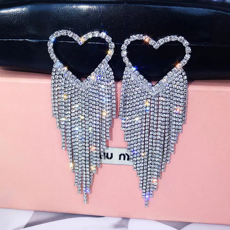 Heart Crystal Rhinestone Long Dangle Tassel Earrings Party Wedding Jewelry US
