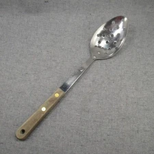 Vintage Robinson Knife Co. Slotted Spoon Stainless Steel Wood Handle 12" USA