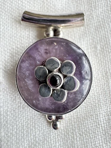 Beautiful 925 Sterling Silver Purple Lavender Floral Pendant 9g Large Bail - product listing photo