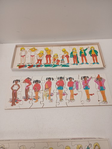 Vintage Handcut Wooden Jigsaw Puzzles X 4 Boy & Girl Dressing Educational 17x5". - Picture 6 of 24
