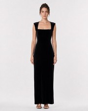 Black Velvet Maxi Square Neck Formal Vintage Dress M Cocktail Goth Stretch Split