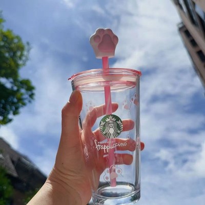 Starbucks Valentine's 15oz   Double-Mouth Glass Cup, Cat Claw Cute Straw
