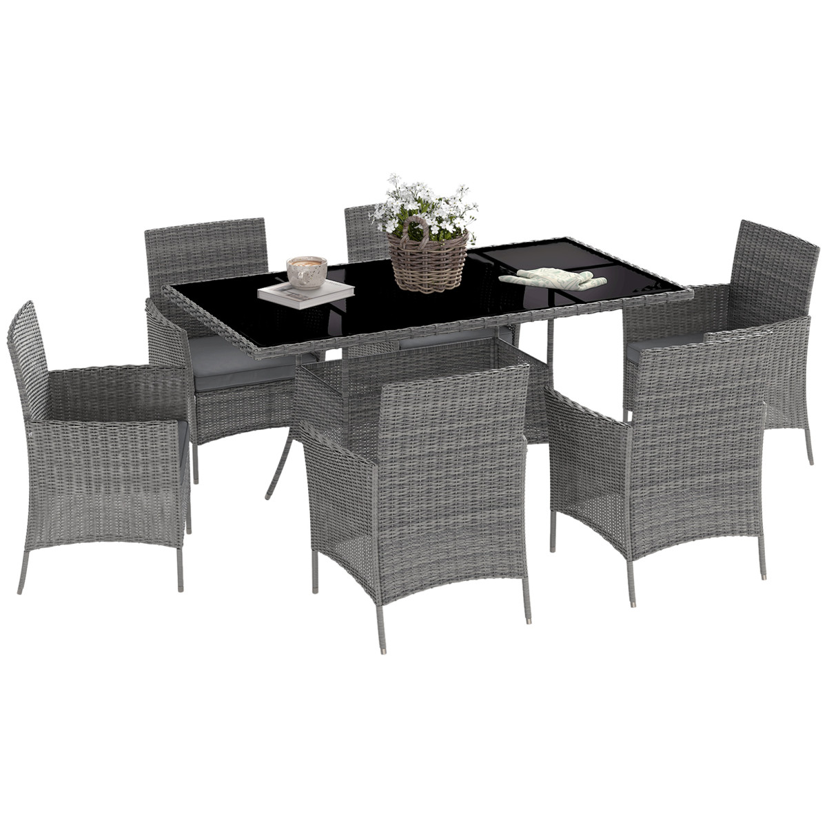 Outsunny Rattan Dining Set for 6 with Cushions Glass Top Table