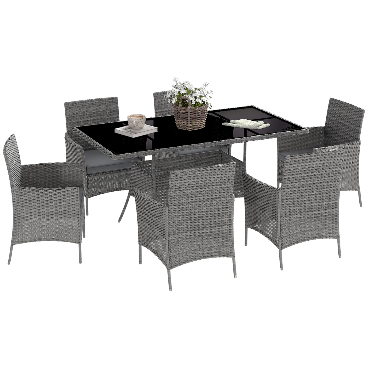 Outsunny Rattan Dining Set for 6 with Cushions Glass Top Table
