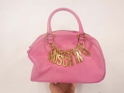 Moschino Tasche Vintage 2000 Leather Handbag Rosa Pink mit Logo Gold mit Etikett