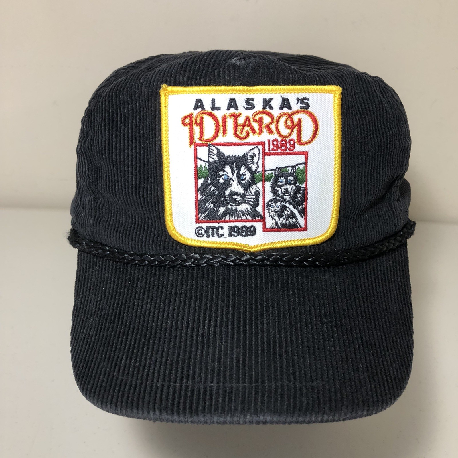 Vintage 1989 Iditarod Hat Cap Black Corduroy Snapback Rope Hat Alaska Sled Dogs