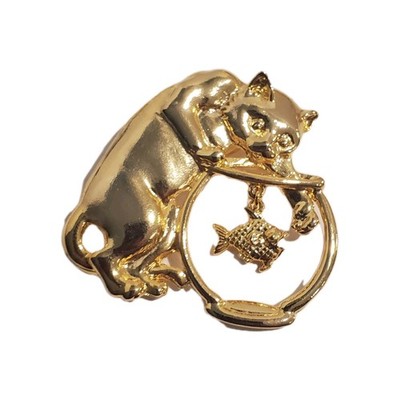  brooch Pin''JJ''-Gold tone cat Playing  With fish bowl 2.5''