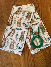 " CHRISTMAS dogs" kitchen towels with crochet towel ring holder (3pcs set)
