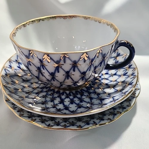 Lomonosov Russia Imperial  Porcelain "Cobalt Net" Cup & Saucer & Plate Gold trim