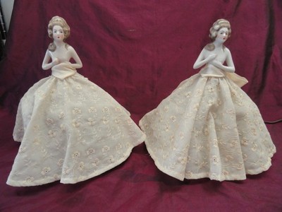 Pair Antique German ? porcelain nude half doll Boudoir lamps with cloth dress