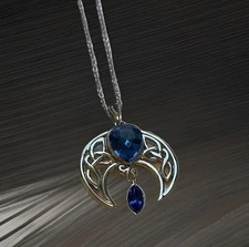 Celtic Crescent Moon Goddess Pendant Necklace Sterling Silver Simulated Sapphire