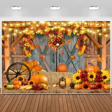 10x8FT Fall Thanksgiving Barn Door Pumpkin Photo Backdrop Party Booth Prop