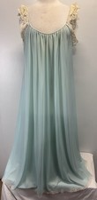 Vtg Lucie Ann Nightgown Light Blue Lace Straps Full Length 70s 46  Chest FLAWS