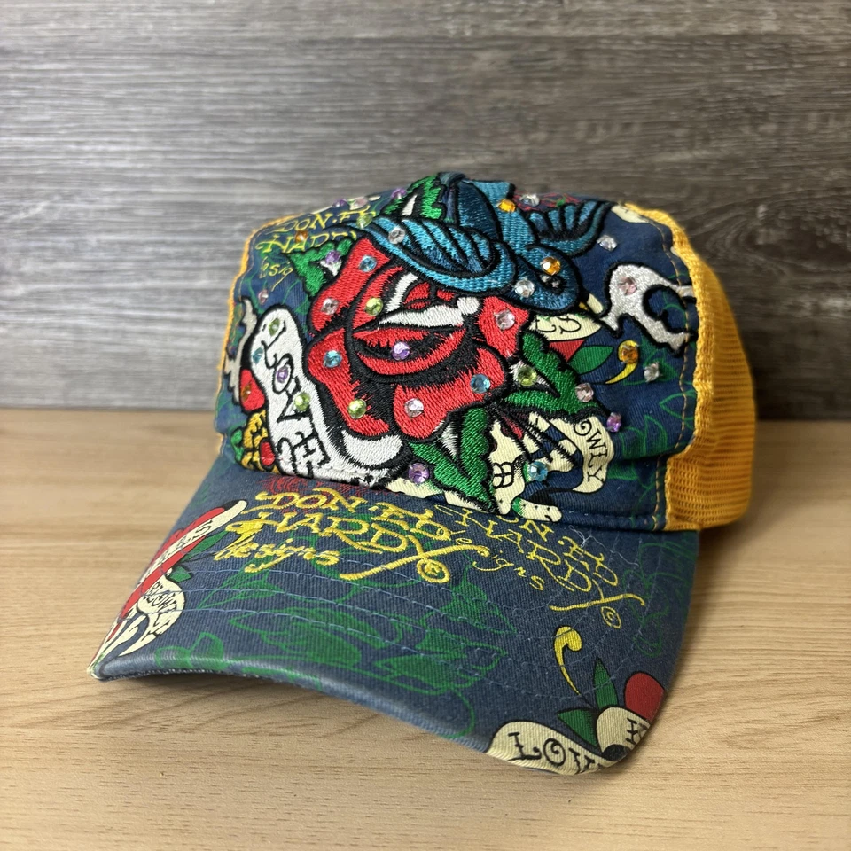 Sombrero de colección Ed Hardy espalda a presión azul amarillo camionero estrás amor mata lentamente Foto 3 de 4