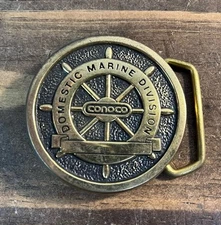 Vintage 1981 CONOCO Domestic Marine Division Brass Belt Buckle Made In USA Used