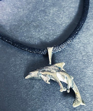 Silver Mother Dolphin With Baby Calves Pendant Necklace 17in