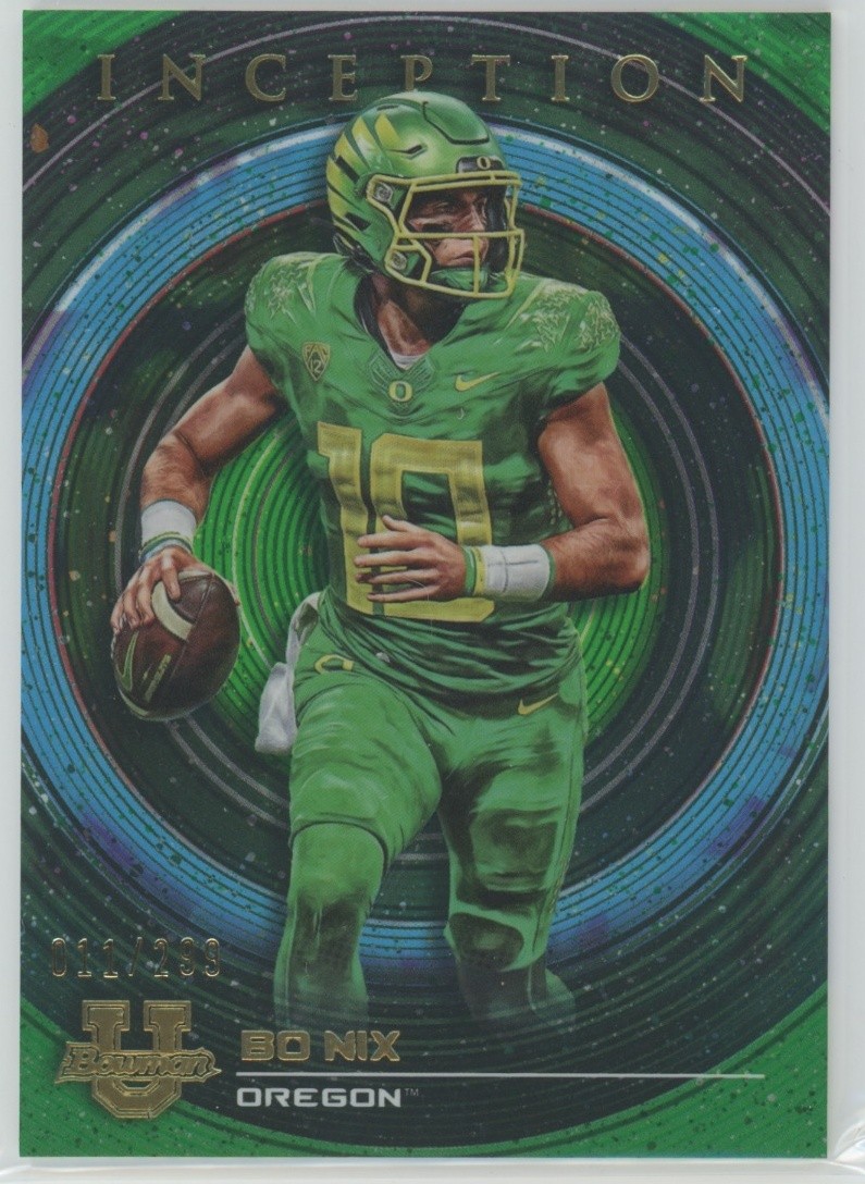 Bo Nix #/299 - 2022-23 Bowman University Inception Green Foil #61 Oregon Ducks