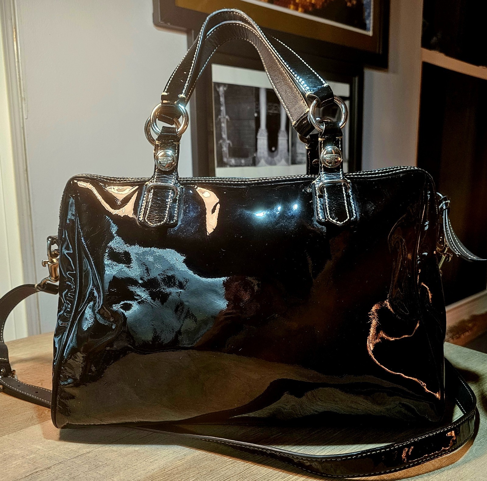 Coach Large Black Patent Leather Satchel with Silver Ocelot Lining