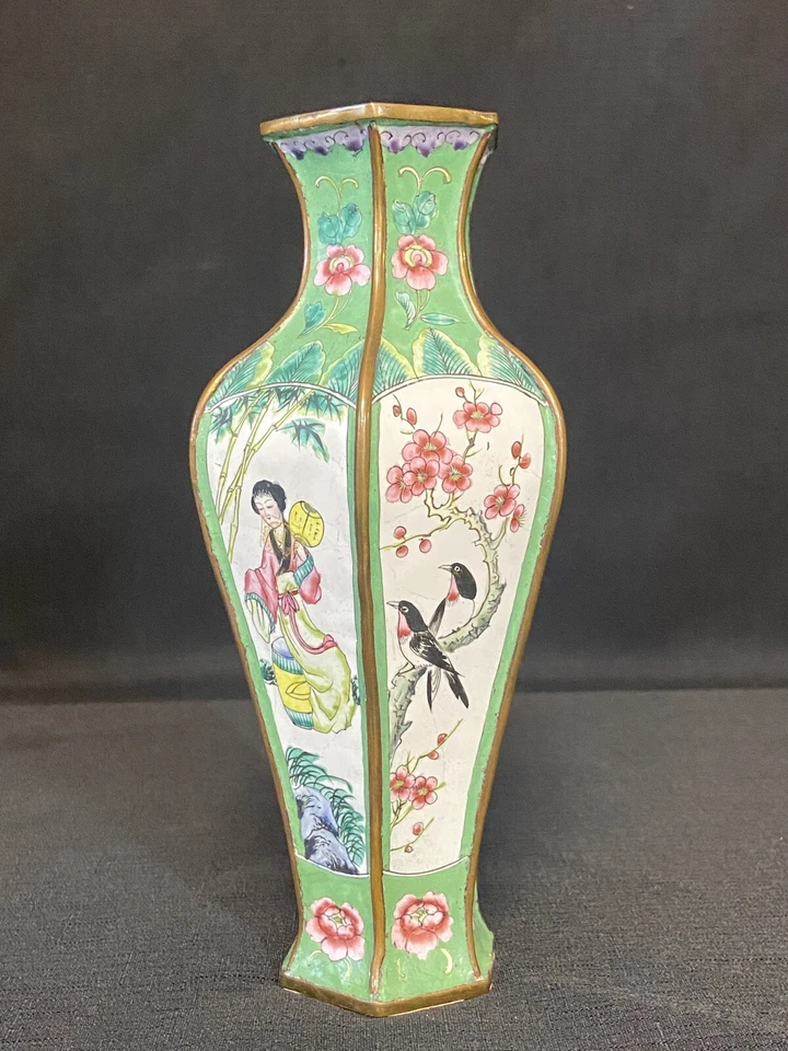 Jarrón vintage esmalte cantón chino pintado a mano hexagonal 6 paneles Foto 2 de 4