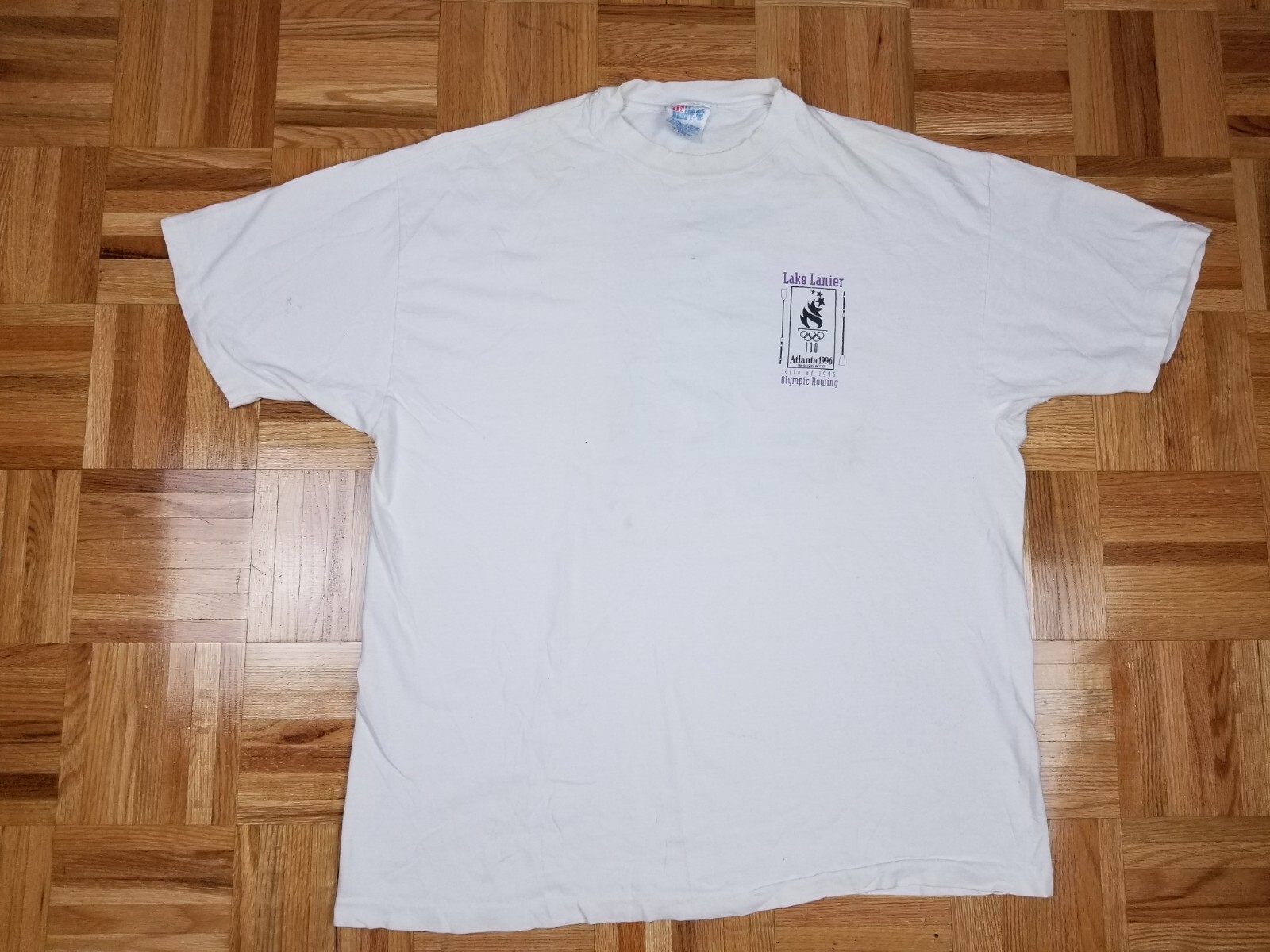 FILA MAGLIETTA VINTAGE 96' ATLANTA OLYMPIC ROWING BIANCA PUNTO SINGOLO COTONE TG L INDOSSATA