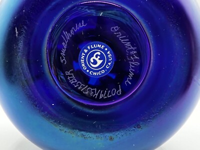 Orient&Flume シリアル番号サイン入り　ヴィンテージ花瓶 Orient & Flume Blue Iridescent Art Glass Tied Bag Vase-Signed