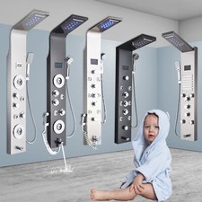 Stainless Steel Shower Panel Tower LED Rain Showerhead System Massage Jet Faucet
