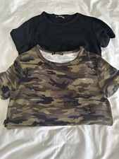 Shein Lot of 2 Curved Hem Ripped Detail Tee Dress XS Camo and Black