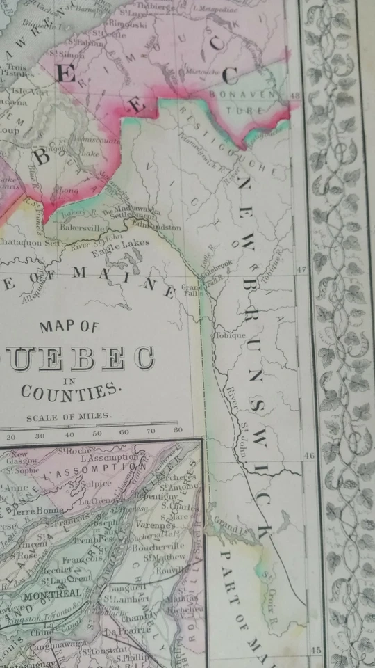 Mapa antiguo de los hermanos Mitchell de Quebec y Montreal de 1867 grabado a mano Foto 4 de 4