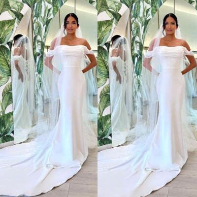 Elegant Wedding Dresses Satin Mermaid Off The Shoulder Sweep Train Bridal Gowns
