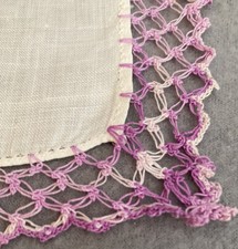 Vintage Ladies Handkerchief White With Crocheted Purple Edging Handmade