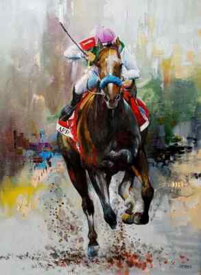 MQ334 Stretched Canvas Frame / Unframed Handmade Horse Racing Oil Painting