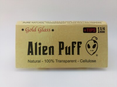 Rolling Papers Slow Burning 1-1/4 Size Alien Puff Gold Glass + Tips(Transparent)